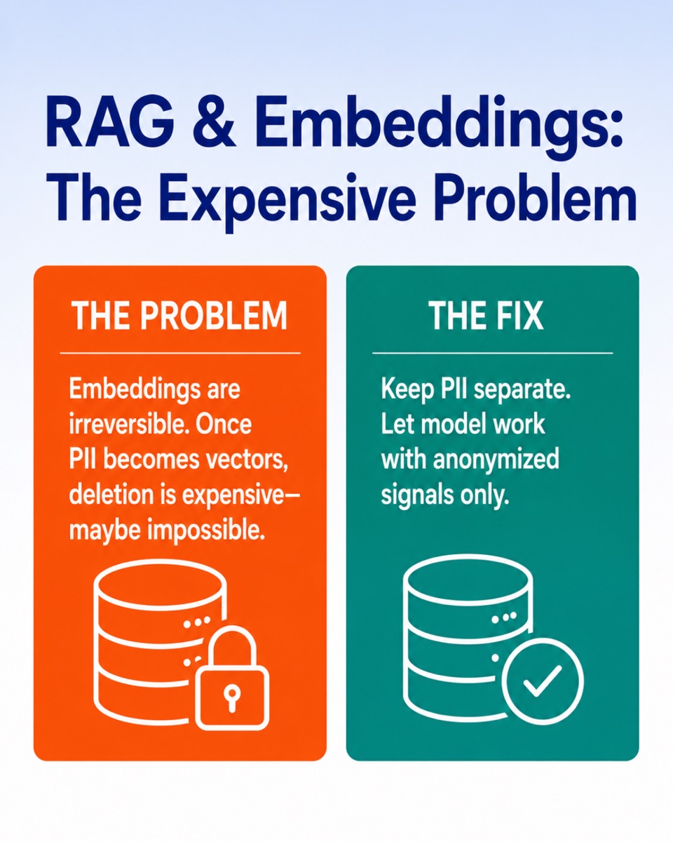 RAG and embeddings: the problem is embeddings are irreversible; the fix is to keep PII separate and let the model work with anonymised signals.