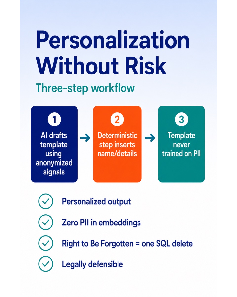 Personalisation without risk — AI drafts from anonymised signals, a deterministic step inserts the name, the template never trains on PII.